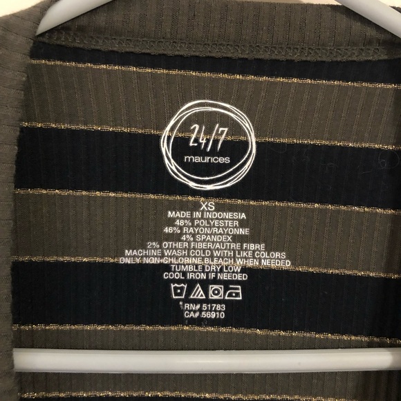 Maurices Army Green Gold Black Striped Ribbed Short Sleeve T-Shirt Top - Picture 2 of 4